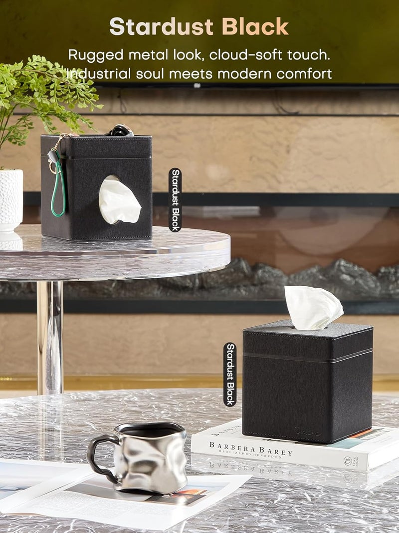 cloudever Tissue Box Holder Cover, Modern PU Leather Square Decorative Tissue Holder Organizer-Woven New Off White - Image 4